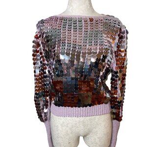 Sequin Vintage Womens Sweater Size Small Purple Bishop Sleeve Silver Copper